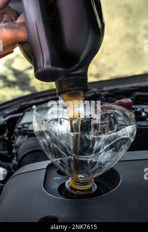 Changing the engine oil in the car engine with your own hands. A man pours new oil from a canister. Stock Photo