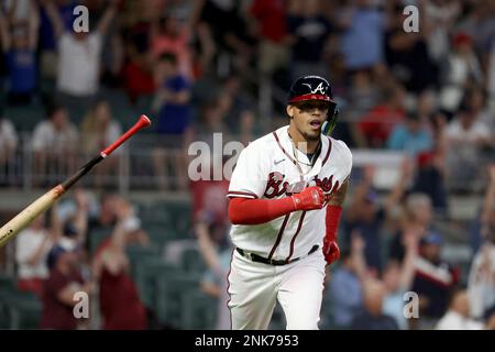 Atlanta Braves designated hitter Orlando Arcia celebrates his two-run home  run for a walk-off 5-3 win against the Boston Red Sox in the ninth inning  of a baseball game on Wednesday, May