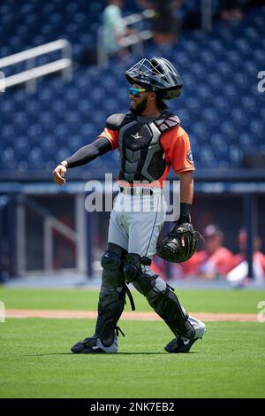 Houston Astros catcher Jose Alvarez (96) throws down to second