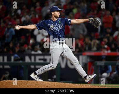 ANAHEIM, CA - MAY 10: Tampa Bay Rays outfielder Brett Phillips (35) pitching  in the eighth inning of an MLB baseball game against the Los Angeles Angels  played on May 10, 2022
