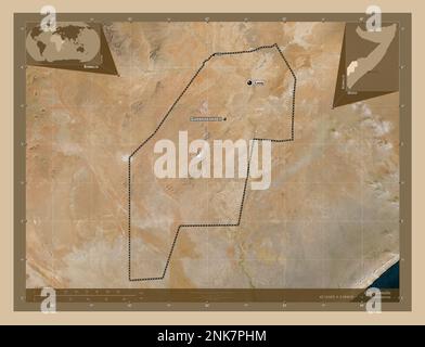 Gedo, region of Somalia. Low resolution satellite map. Locations and names of major cities of the region. Corner auxiliary location maps Stock Photo