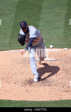 April 13 2022: Detroit pitcher Eduardo Rodriguez (57) throws a pitch during  the game with Boston Red Sox and Detroit Tigers held at Comercia Park in  Detroit Mi. David Seelig/Cal Sport Medi(Credit