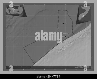 Shabeellaha Hoose, region of Somalia. Bilevel elevation map with lakes and rivers. Locations and names of major cities of the region. Corner auxiliary Stock Photo