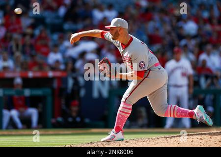 ANAHEIM, CA - MAY 08: Washington Nationals pitcher Tanner Rainey (21)  pitches the ball during a regular season MLB game between the Los Angeles  Angels and the Washington Nationals on May 8