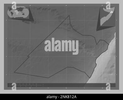 Nugaal, region of Somalia. Grayscale elevation map with lakes and rivers. Locations of major cities of the region. Corner auxiliary location maps Stock Photo