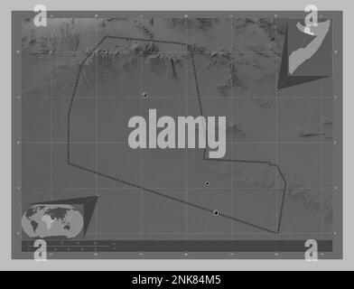 Togdheer, region of Somalia. Grayscale elevation map with lakes and rivers. Locations of major cities of the region. Corner auxiliary location maps Stock Photo