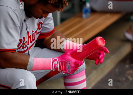 ANAHEIM, CA - MAY 08: Detail view of Washington Nationals third basemen  Maikel Franco (7) putting on his Mothers Day pink batting gloves during a  regular season MLB game between the Los