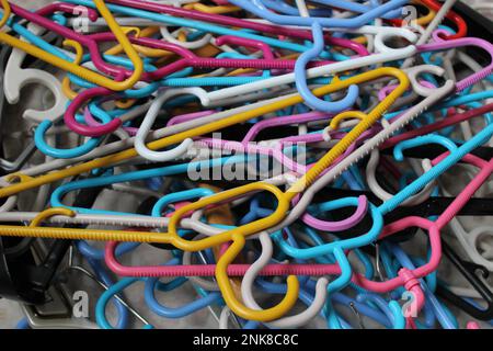 colored clothes hangers made of plastic Stock Photo