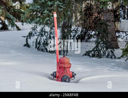 Fire Hydrant in deep snow, Winnipeg, Manitoba, Canada Stock Photo
