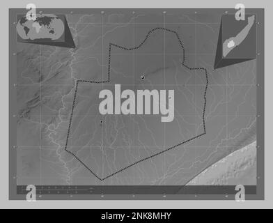 Bay, region of Somalia Mainland. Grayscale elevation map with lakes and rivers. Locations of major cities of the region. Corner auxiliary location map Stock Photo