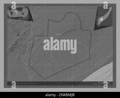 Bay, region of Somalia Mainland. Bilevel elevation map with lakes and rivers. Locations and names of major cities of the region. Corner auxiliary loca Stock Photo