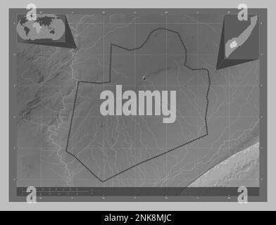 Bay, region of Somalia Mainland. Grayscale elevation map with lakes and rivers. Corner auxiliary location maps Stock Photo