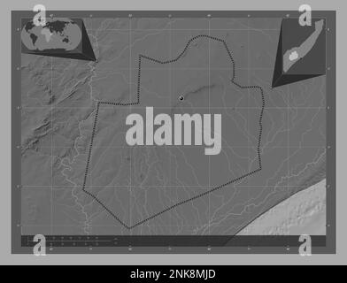 Bay, region of Somalia Mainland. Bilevel elevation map with lakes and rivers. Corner auxiliary location maps Stock Photo