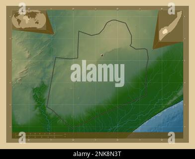 Bay, region of Somalia Mainland. Colored elevation map with lakes and rivers. Corner auxiliary location maps Stock Photo