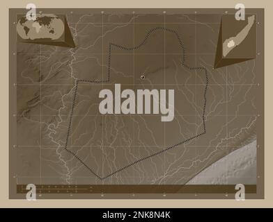 Bay, region of Somalia Mainland. Elevation map colored in sepia tones with lakes and rivers. Corner auxiliary location maps Stock Photo