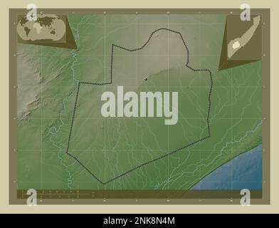 Bay, region of Somalia Mainland. Elevation map colored in wiki style with lakes and rivers. Corner auxiliary location maps Stock Photo