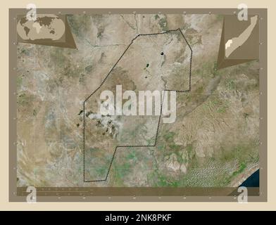 Gedo, region of Somalia Mainland. High resolution satellite map. Locations of major cities of the region. Corner auxiliary location maps Stock Photo