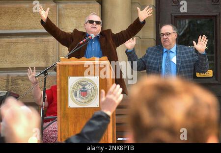 Pastor Fred Catchpole, of Hope Springs Church in Northern Cambria, Pa.,  takes the podium to offer a prayer for deliverance from drugs and  addiction during the National Day of Prayer event held