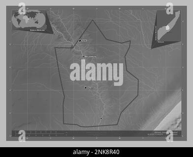 Hiiraan, region of Somalia Mainland. Grayscale elevation map with lakes and rivers. Locations and names of major cities of the region. Corner auxiliar Stock Photo