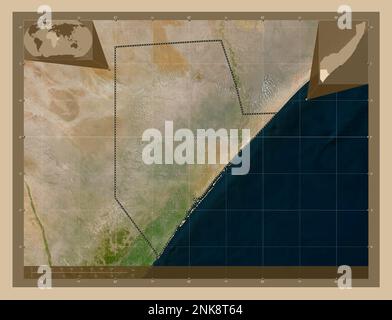 Jubbada Hoose, region of Somalia Mainland. Low resolution satellite map. Corner auxiliary location maps Stock Photo