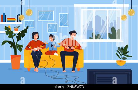 happy family playing video games on console flat vector illustration Stock Vector