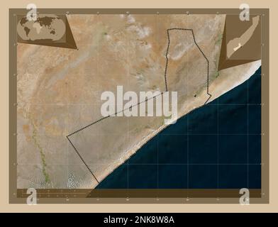 Shabeellaha Hoose, region of Somalia Mainland. Low resolution satellite map. Corner auxiliary location maps Stock Photo