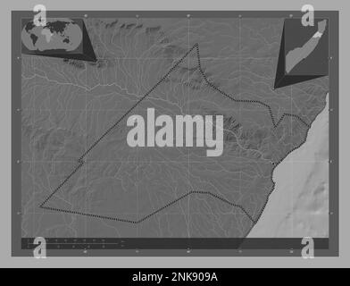 Nugaal, region of Somalia Mainland. Bilevel elevation map with lakes and rivers. Locations of major cities of the region. Corner auxiliary location ma Stock Photo