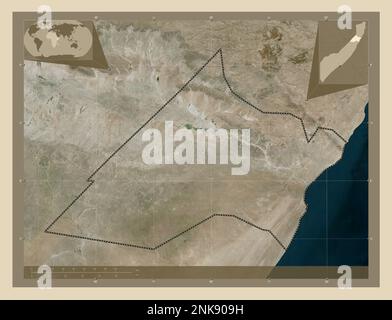 Nugaal, region of Somalia Mainland. High resolution satellite map. Corner auxiliary location maps Stock Photo