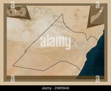 Nugaal, region of Somalia Mainland. Low resolution satellite map. Corner auxiliary location maps Stock Photo