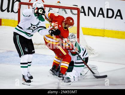 May 15, 2022, Calgary, AB, CANADA: Calgary Flames goalie Jacob Markstrom  makes a save during first period NHL playoff hockey against the Dallas  Stars action in Calgary, Alta., Sunday, May 15, 2022. (