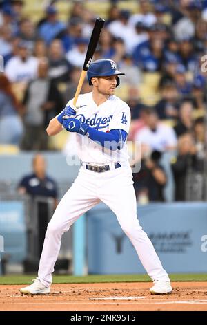 Trea Turner of the Los Angeles Dodgers looks on after an at-bat