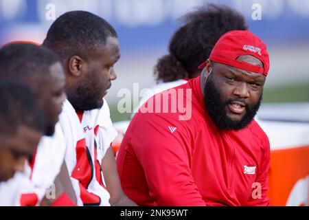 BIRMINGHAM, AL - APRIL 30: Tampa Bay Bandits offensive lineman Jarron Jones  (77) looks on against the Houston Gamblers during the USFL game on April  30, 2022 at Protective Stadium in Birmingham