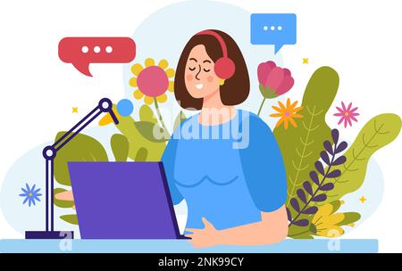 Female podcaster with headphones microphone laptop recording podcast on background with flowers flat vector illustration Stock Vector