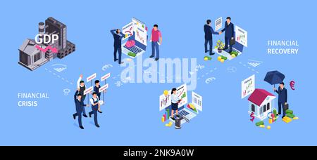 Isometric world financial crisis flowchart composition with icons of ...