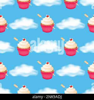 Fluffy clouds on a blue background with a seamless pattern of delicious cupcakes topped with whipped cream in a pink crimped paper cup, pierced by a g Stock Vector
