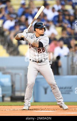 LOS ANGELES, CA - MAY 01: Detroit Tigers shortstop Javier Baez (28) waits  on deck during a regular season MLB game between the Los Angeles Dodgers  and the Detroit Tigers on May