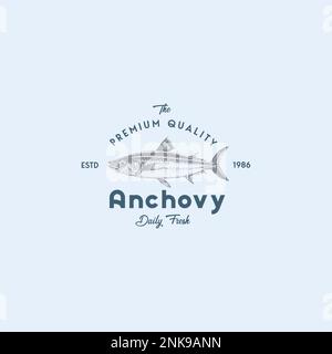 Fresh Local Anchovy Abstract Vector Sign, Symbol or Logo Template. Hand Drawn Anchovy Fish with Premium Retro Typography. Stylish Vector Emblem Concep Stock Vector