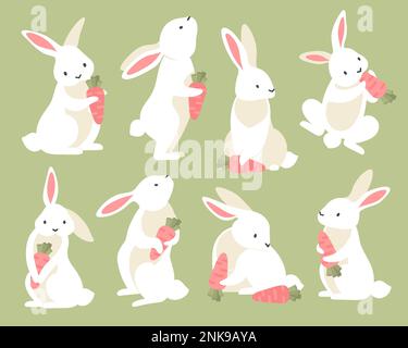 Cute rabbits with carrot in different poses cartoon set isolated on light green background vector illustration Stock Vector