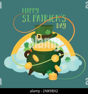 St. Patrick's Day design element for a greeting cards, postcard, flyer, containing text and hand drawn holiday symbols and attributes. Stock Vector