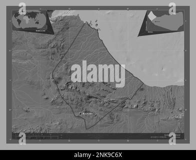 Awdal, region of Somaliland. Bilevel elevation map with lakes and rivers. Locations and names of major cities of the region. Corner auxiliary location Stock Photo