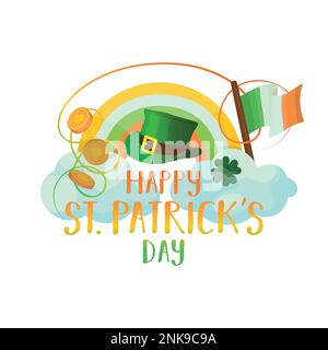 St. Patrick's Day design element for a greeting cards, postcard, flyer, containing text and hand drawn holiday symbols and attributes. Stock Vector