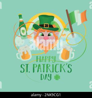 St. Patrick's Day design element for a greeting cards, postcard, flyer, containing text and hand drawn holiday symbols and attributes. Stock Vector
