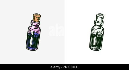 Bottles with potion. Nostrum or arcanum. Vintage engraving sketch. Doodle outline. Hand drawing. Stock Vector