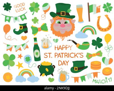 Set of Saint Patrick's day celebration themed vector illustrations. Colorful, cartoon style, hand drawn elements isolated on a white background. Stock Vector