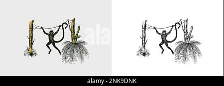 Coconut palm. Monkey jumping on branches. Tropical trees exotic plants. Phoenix or Date varieties. Eastern landscape. Exotic nature. Linear Jungle Stock Vector