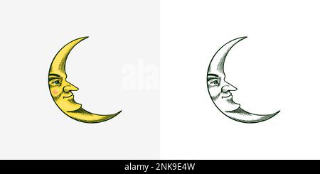 Bohemian esoteric sketch. Crescent moon with a face. Vintage engraving sketch for tattoo, tarot or astrology stickers. Mystical element in boho style Stock Vector