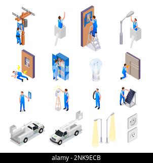 Electrician isometric set of technicians working with street lighting devices solar panels testing electrical equipment  isolated vector illustration Stock Vector