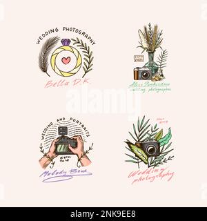 Wedding photographer badges or logos. Photo camera for the holiday. Photography Community. Templates for Retro Studio, vintage store or shop. Hand Stock Vector