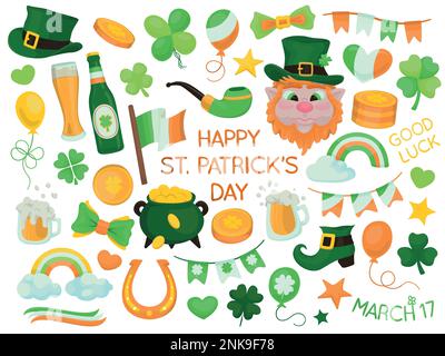 Set of Saint Patrick's day celebration themed vector illustrations. Colorful, cartoon style, hand drawn elements isolated on a white background. Stock Vector