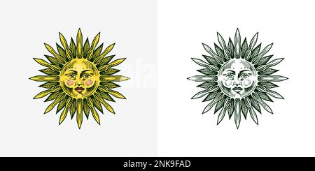Bohemian esoteric sketch. Sun with a face. Vintage engraving sketch for tattoo, tarot or astrology stickers. Doodle outline. Hand drawing. Vector Stock Vector